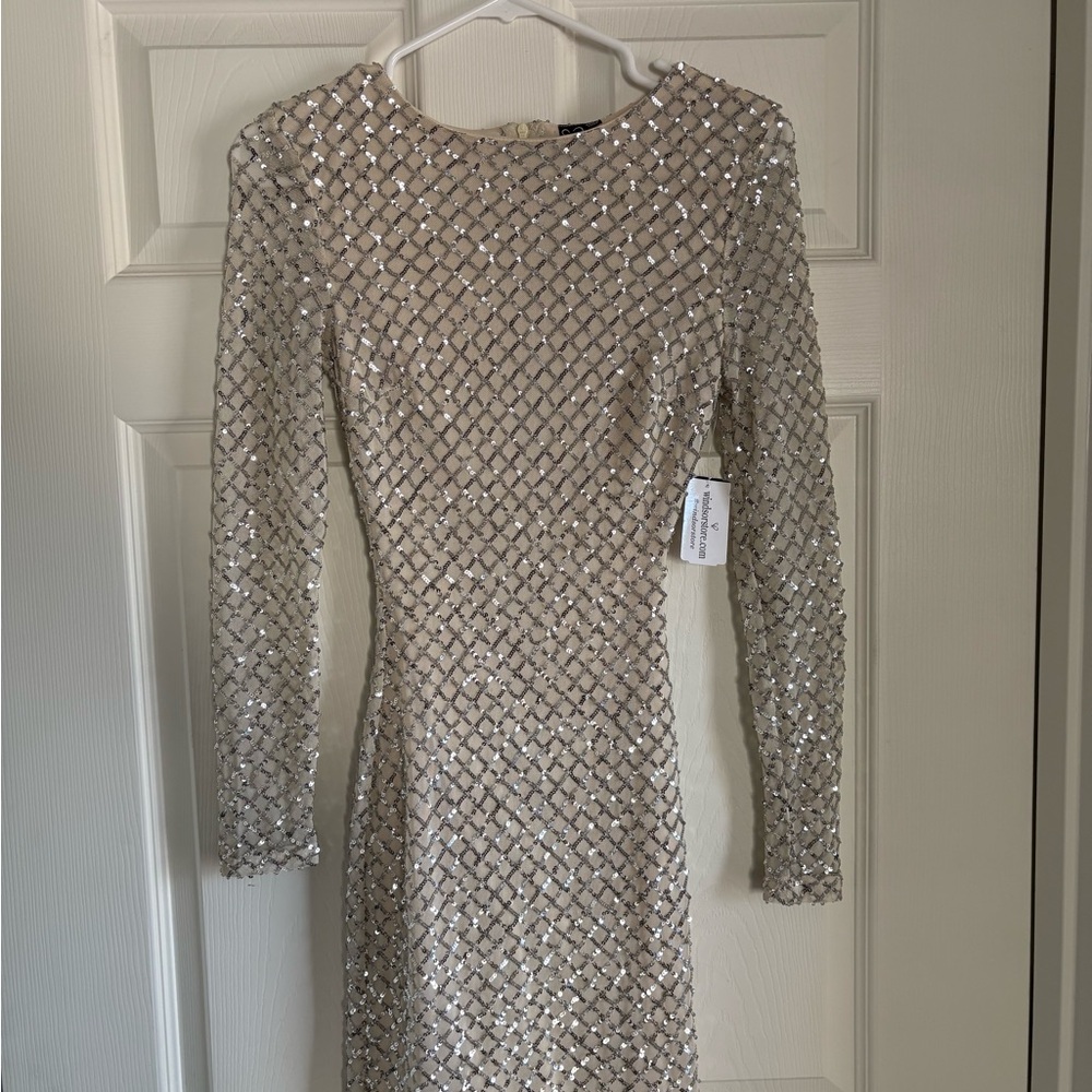 Windsor Silver Sequin Long Sleeve Sheath Dress